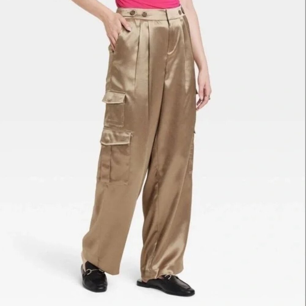 Women's High Rise Brown Satin Cargo Pants - A New Day